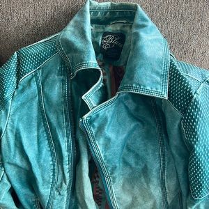 Distressed Teal faux blue leather coat - women’s L - good shape